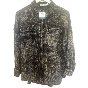 Michelle Mae Womens Y2K Acid Wash Button Blouse Top Size S Grunge Indie Skater